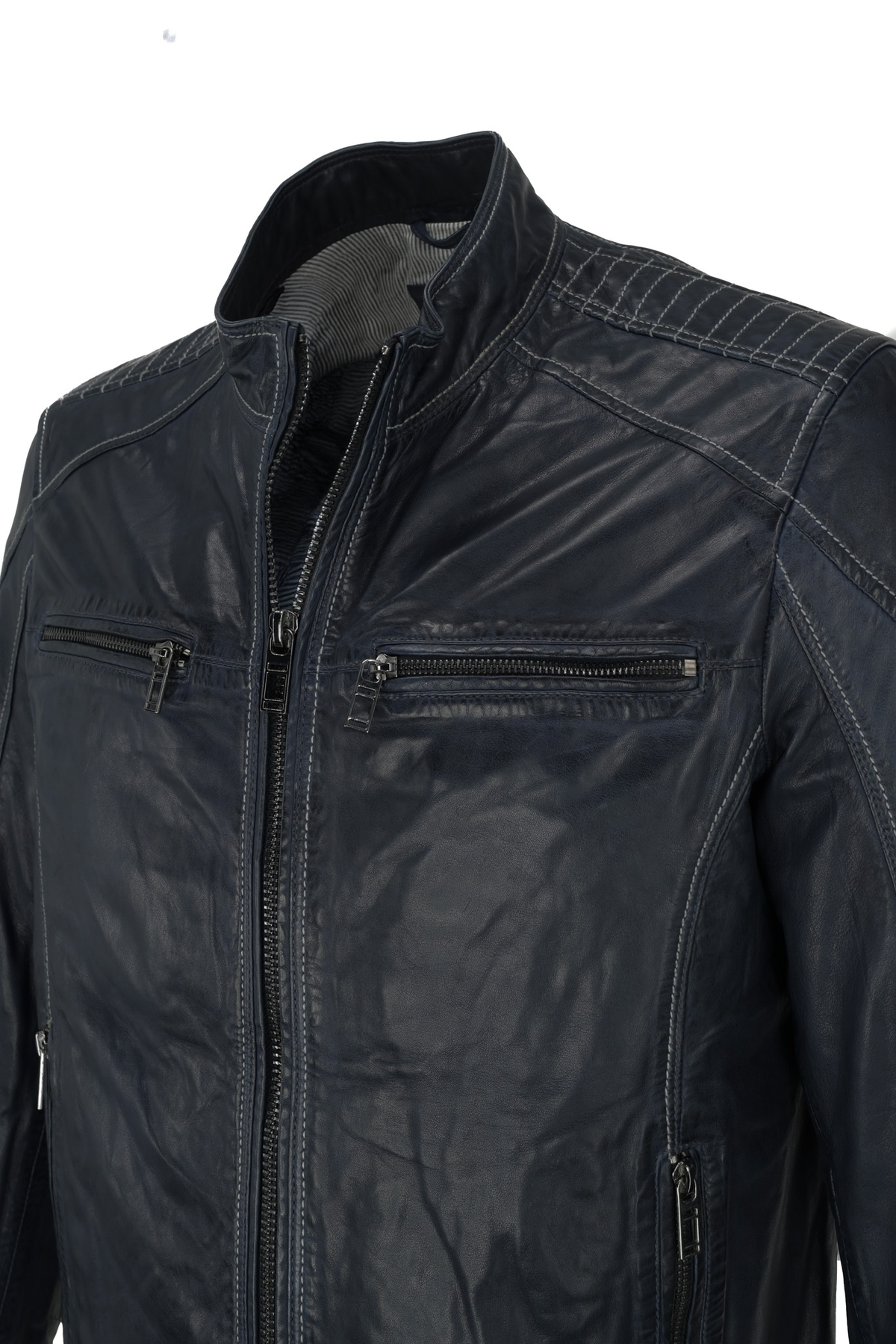 Regency Biker Leather Jacket - Navy
