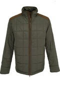 Green quilted jacket with brown accents on a white background