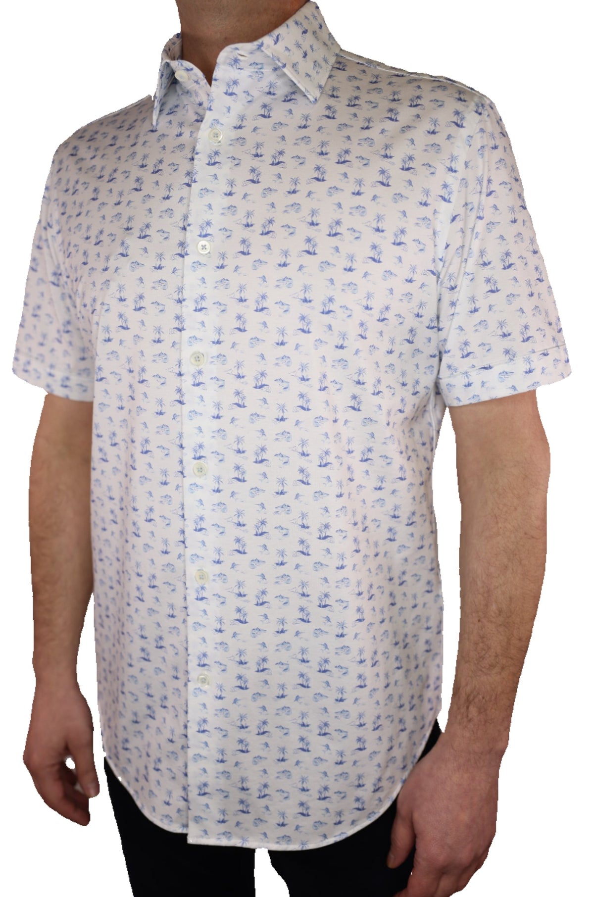 Bugatchi OoohCotton Stretch Island Print Short Sleeve Shirt